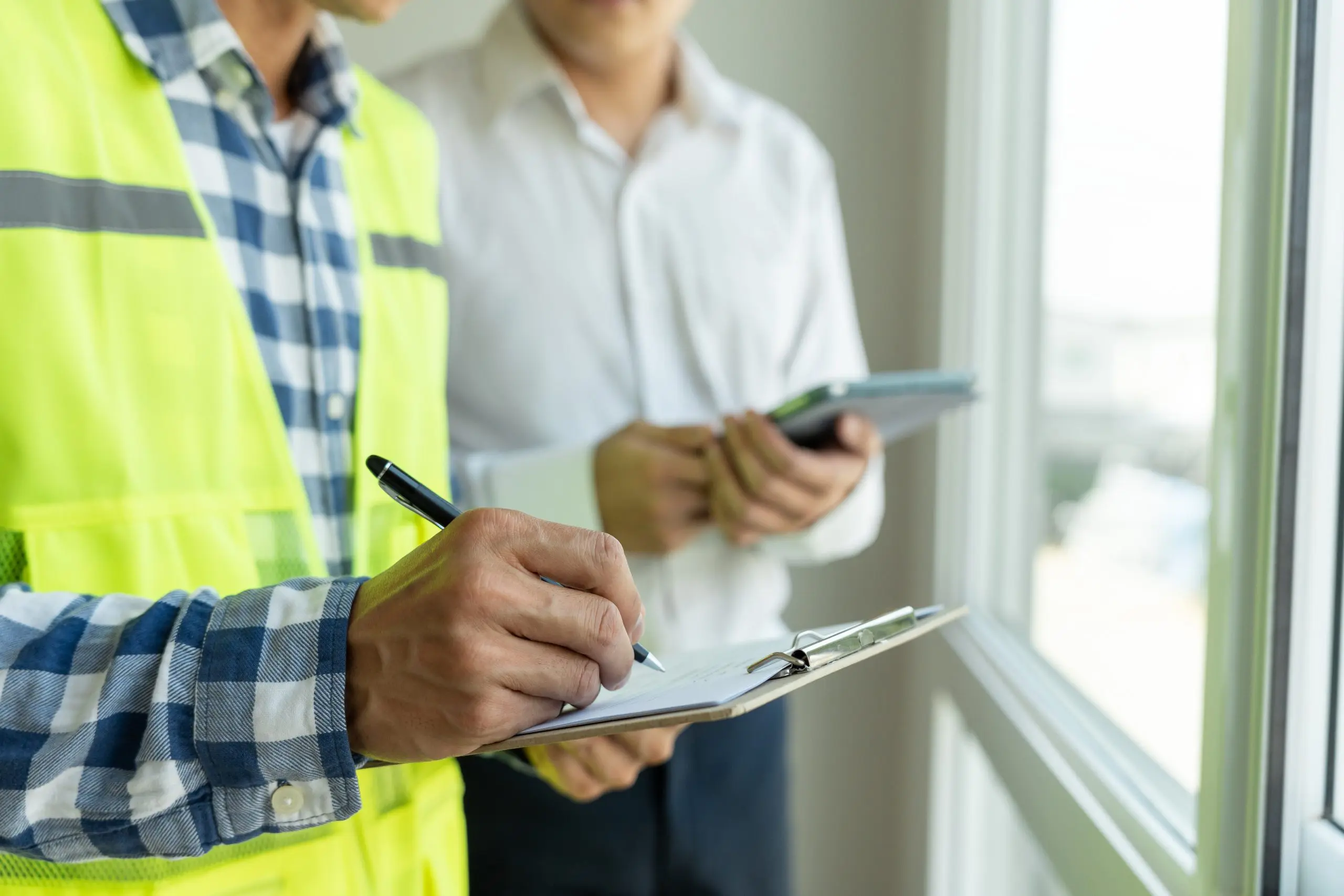 Surveyor recording the condition of a commercial property, writing notes on a clipboard while another professional reviews a tablet during an inspection.