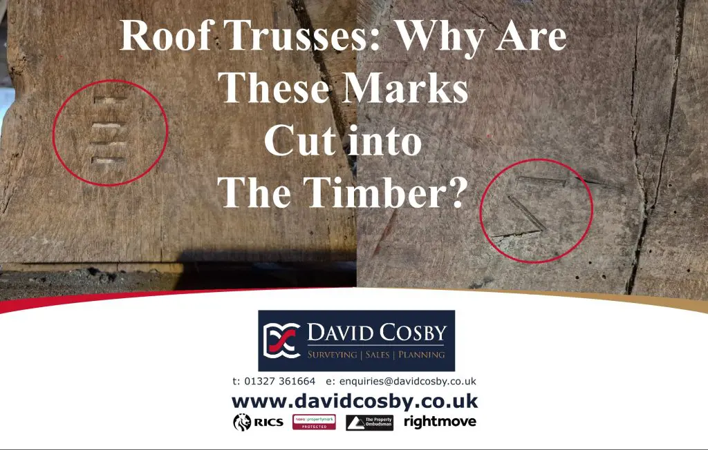 Close-up photographs of eighteenth-century roof truss timbers showing Roman numeral carpenters’ marks cut into the oak during the original construction of a Georgian mill house in Brackley.