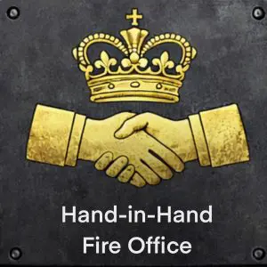 Illustrated fire mark plaque showing two clasped hands beneath a crown, representing the Hand-in-Hand Fire Office.