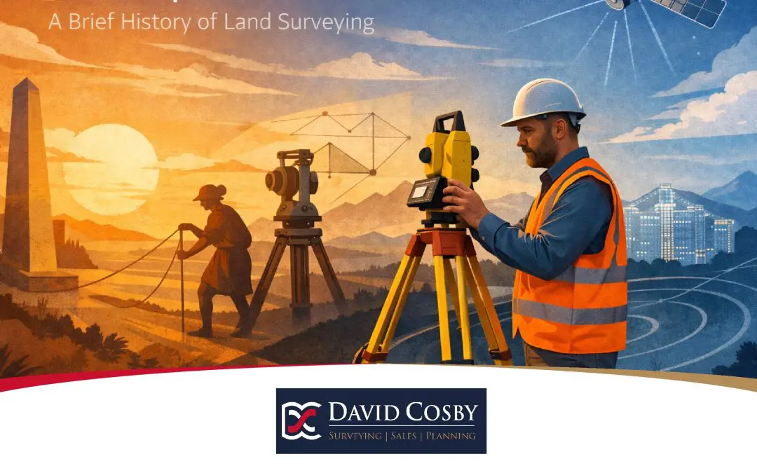 Illustration showing the evolution of land surveying from early chain measurement to modern satellite and laser surveying