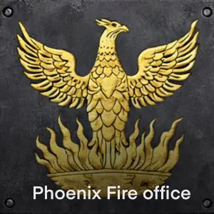 Illustrated fire mark plaque depicting a phoenix with outstretched wings rising from flames, associated with the Phoenix Fire Office.