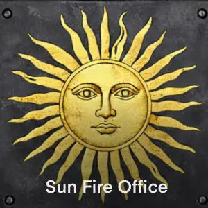 Illustrated fire mark plaque featuring a radiant sun face with rays, commonly used by the Sun Fire Office.