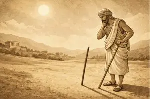Ancient Greek surveyor using sticks and shadows to measure distance and geometry