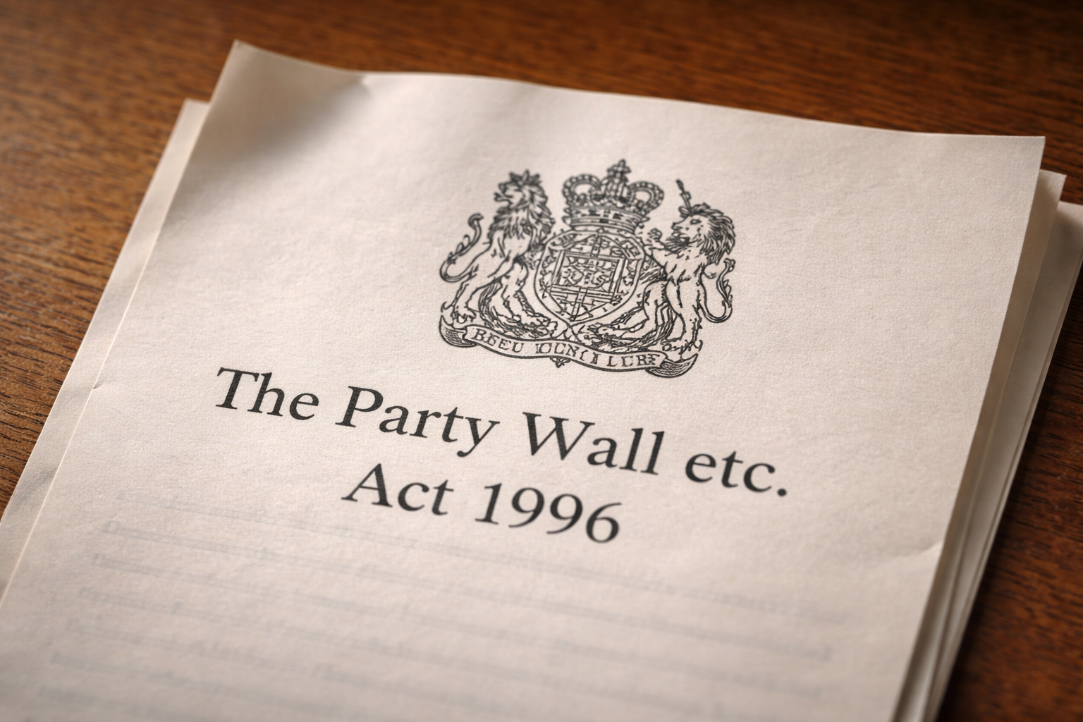 Front page of the Party Wall etc. Act 1996 document displayed on a desk.