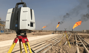 Topographical land survey using laser scanning equipment on an oil pipeline site