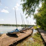 A sunny day sitting on the timber jetty looking out over Drayton reservoir with moored boats and overhanging willow trees.