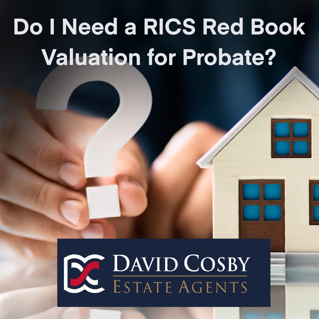 Graphic showing a question mark and a model house with the text ‘Do I Need a RICS Red Book Valuation for Probate?’ and the David Cosby Estate Agents logo.