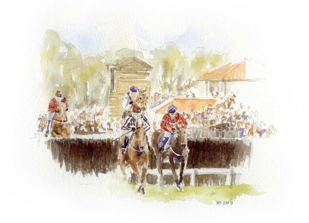 Watercolour painting of horses and jockeys jumping at Towcester Racecourse, painted by the author, showing a race in front of spectators.