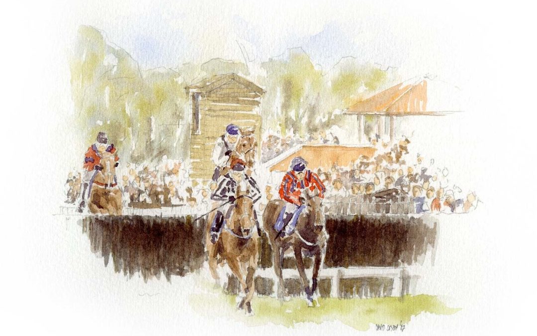 Watercolour painting of horses and jockeys jumping at Towcester Racecourse, painted by the author, showing a race in front of spectators.
