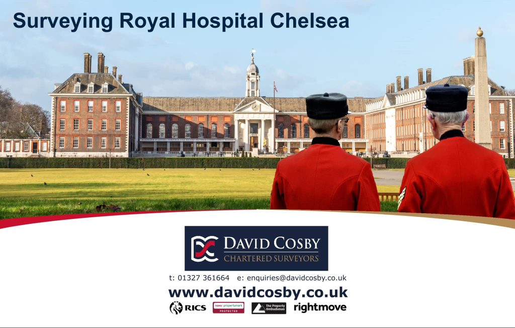 Royal Hospital Chelsea viewed across the lawn with uniformed pensioners in front, feature image for article about surveying at the historic site.