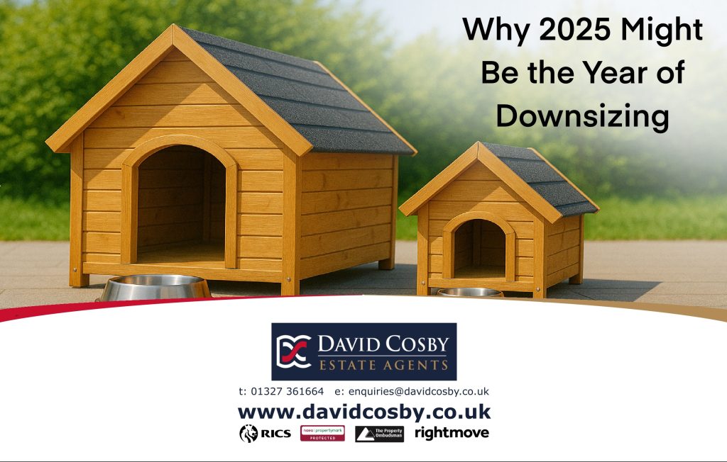 Two wooden dog houses of different sizes with the title “Why 2025 Might Be the Year of Downsizing,” used as a header image for a property downsizing article by David Cosby Estate Agents.