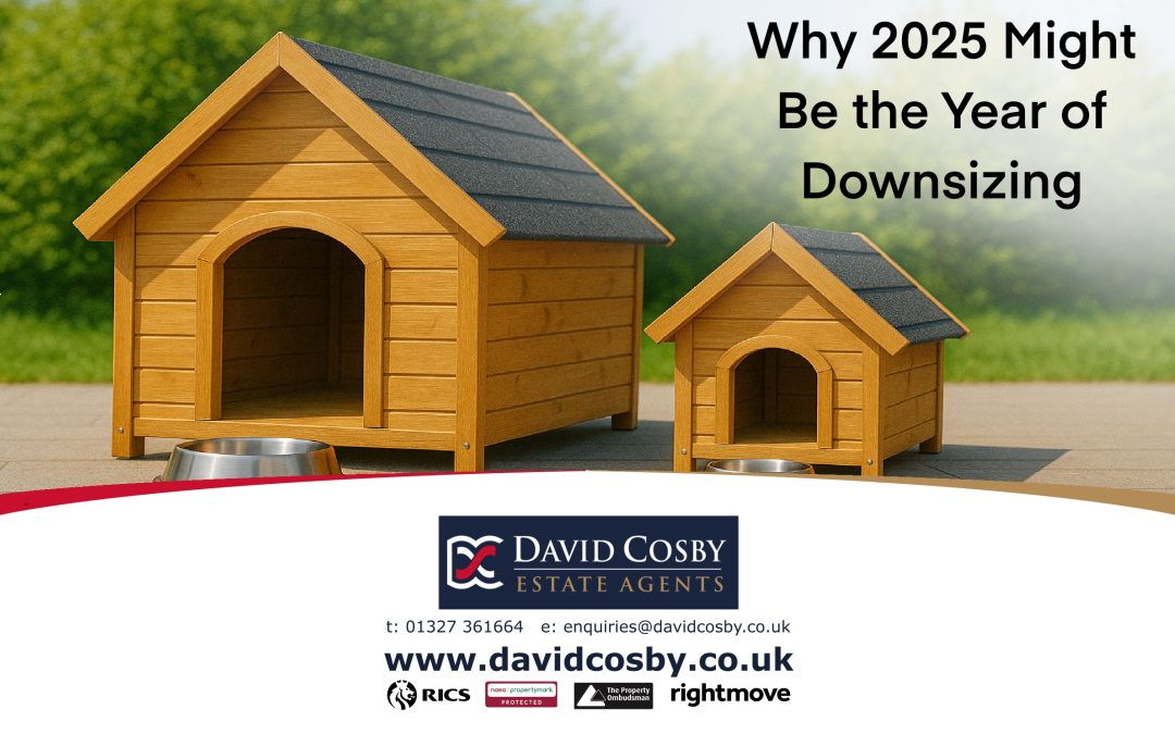 Two wooden dog houses of different sizes with the title “Why 2025 Might Be the Year of Downsizing,” used as a header image for a property downsizing article by David Cosby Estate Agents.