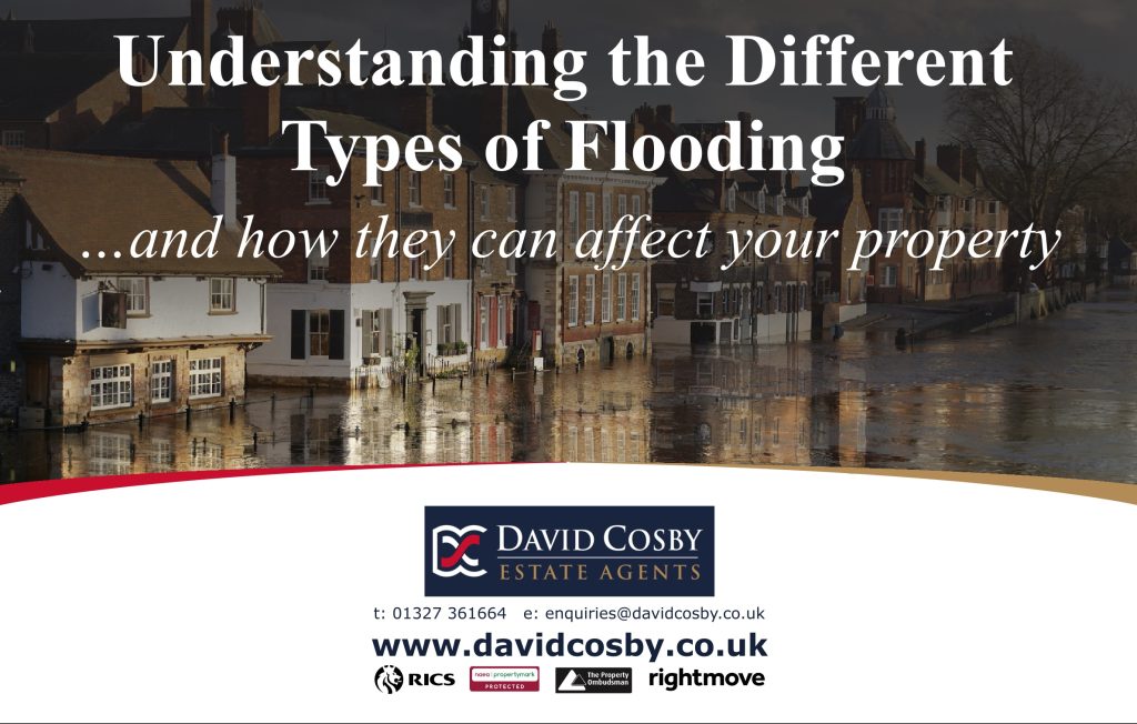 Flooded riverside properties with title “Understanding the Different Types of Flooding”, header image for article on how flooding affects buildings.