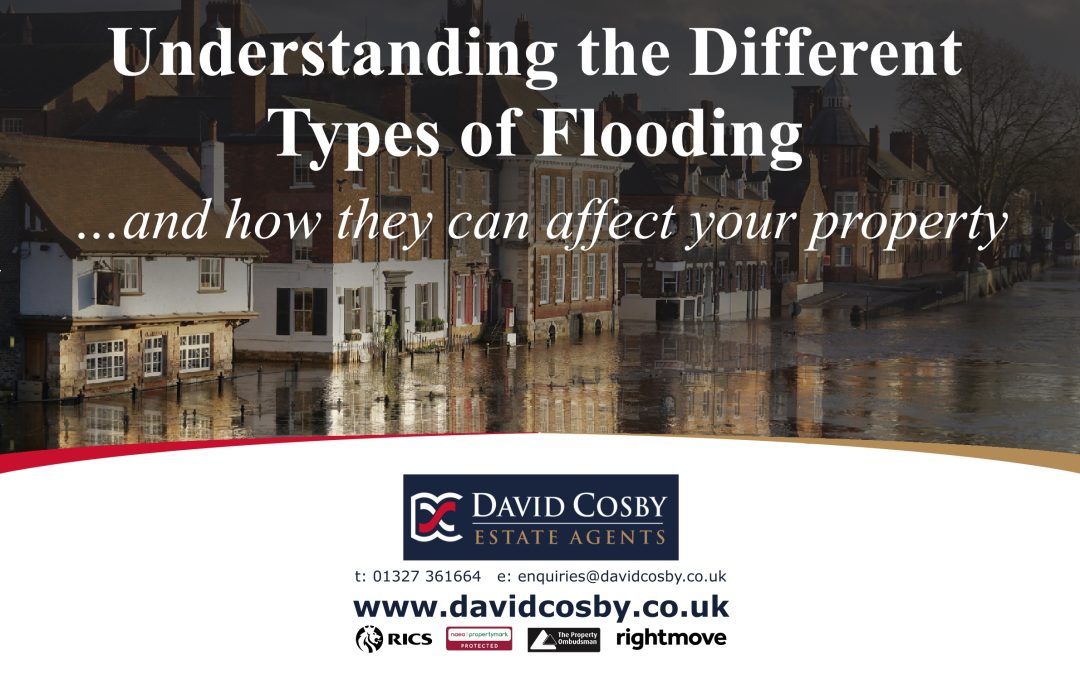 Flooded riverside properties with title “Understanding the Different Types of Flooding”, header image for article on how flooding affects buildings.