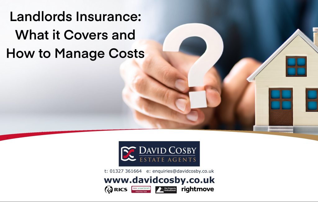 Landlord holding a question-mark icon next to a model house, header image for article on landlords insurance and managing costs.