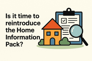 Illustration of a house and clipboard with magnifying glass, accompanying article about reintroducing the Home Information Pack (HIP).