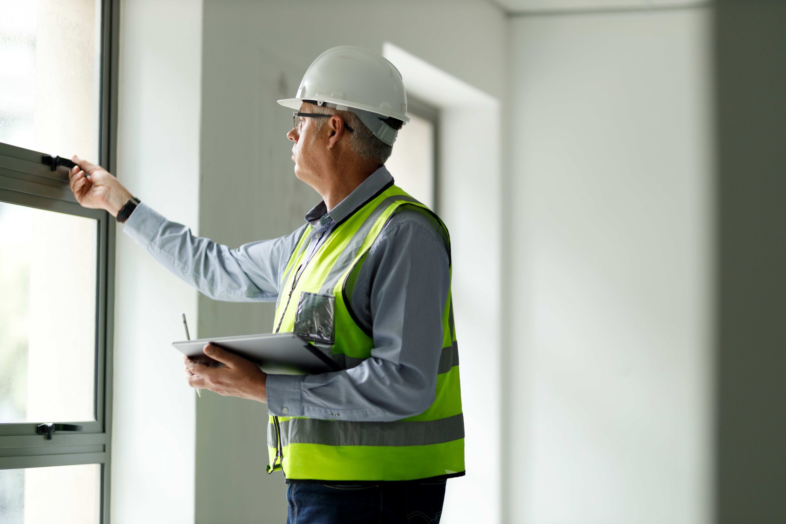 Chartered Surveyor inspecting a commercial building interior, checking a window frame while recording findings on a tablet during a maintenance assessment.