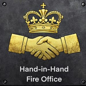 Illustrated fire mark plaque showing two clasped hands beneath a crown, representing the Hand-in-Hand Fire Office.