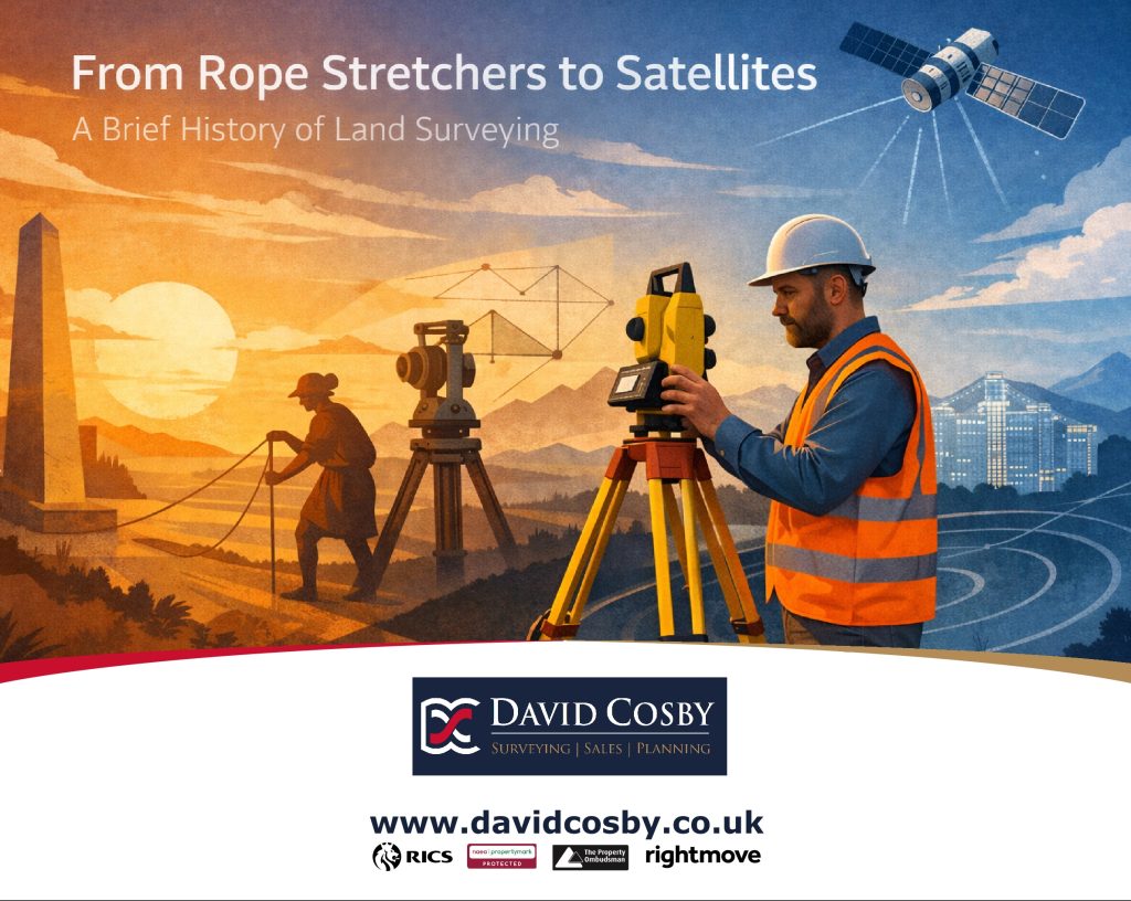 Illustration showing the evolution of land surveying from early chain measurement to modern satellite and laser surveying