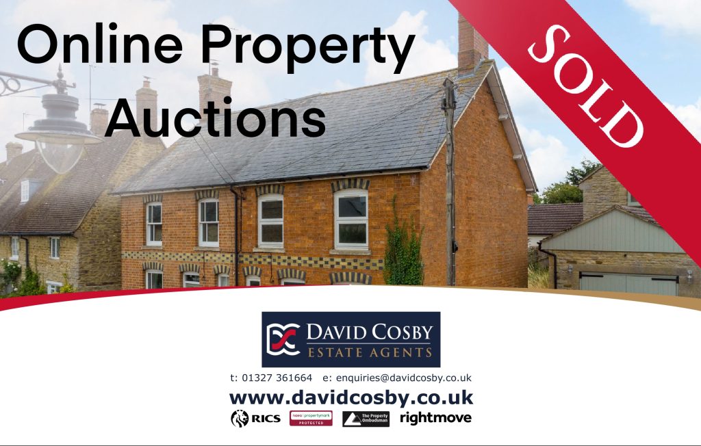 Online property auction Northamptonshire – exterior of an Edwardian village house in Sulgrave with “Online Property Auctions – Sold” banner and David Cosby Estate Agents branding and contact details.