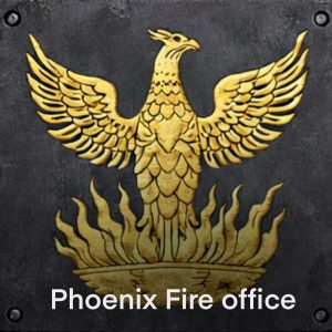 Illustrated fire mark plaque depicting a phoenix with outstretched wings rising from flames, associated with the Phoenix Fire Office.